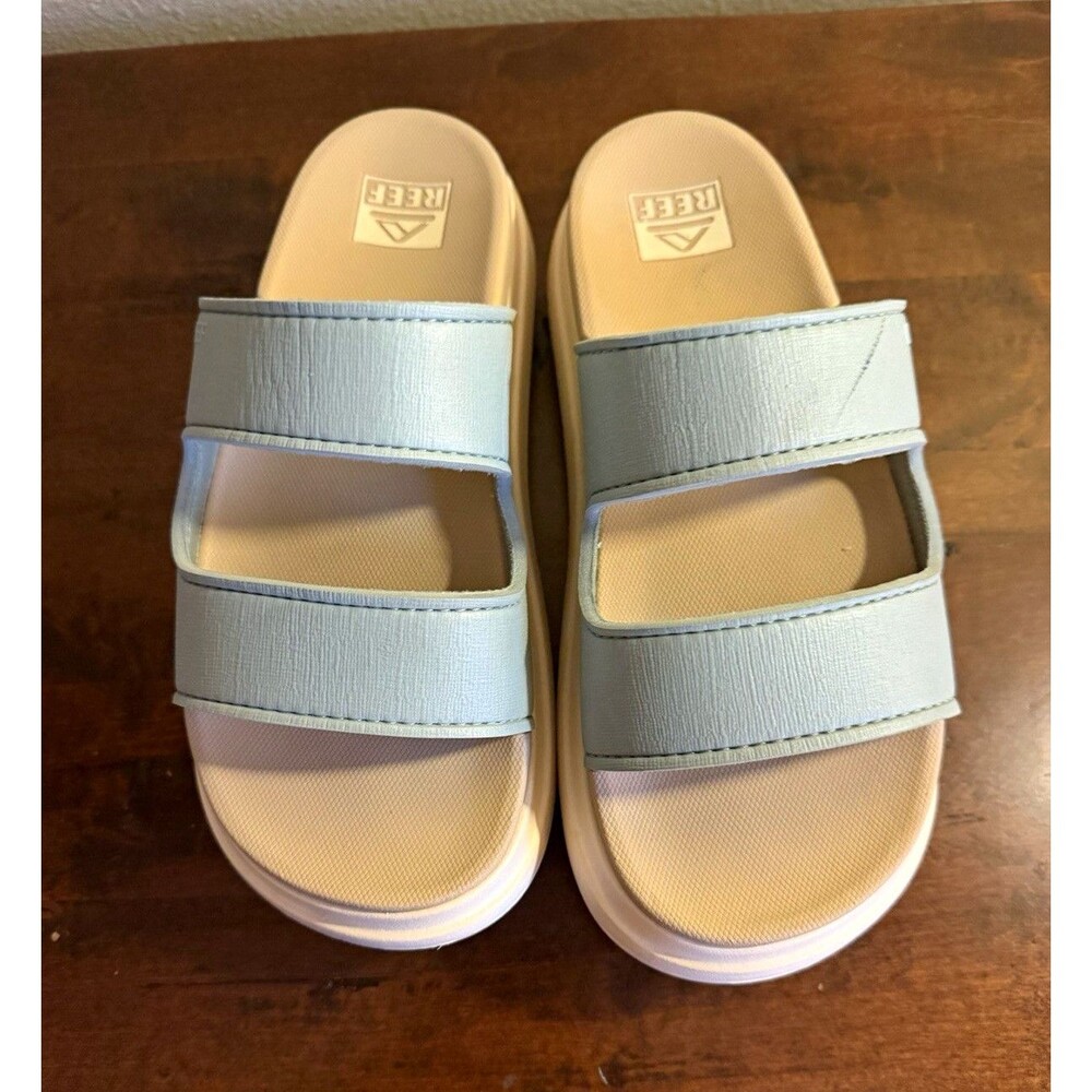 Reef Women's Platform Slide Sandals Blue Beige White Logo Synthetic US 8 EU 38.5